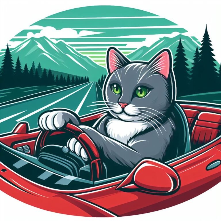 cat driving red car