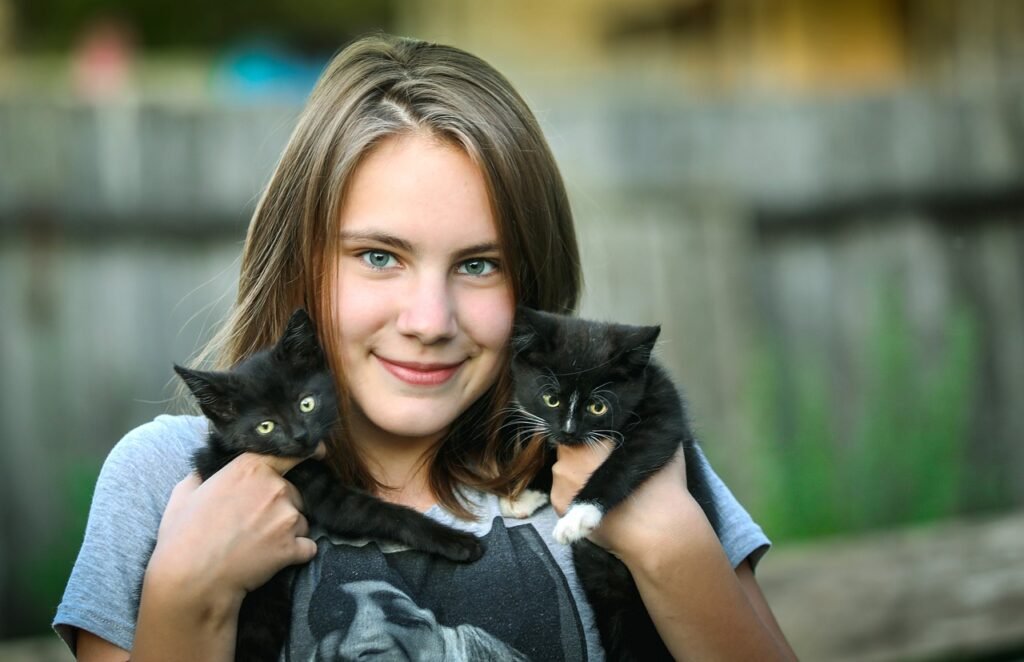 young woman, kittens, happiness